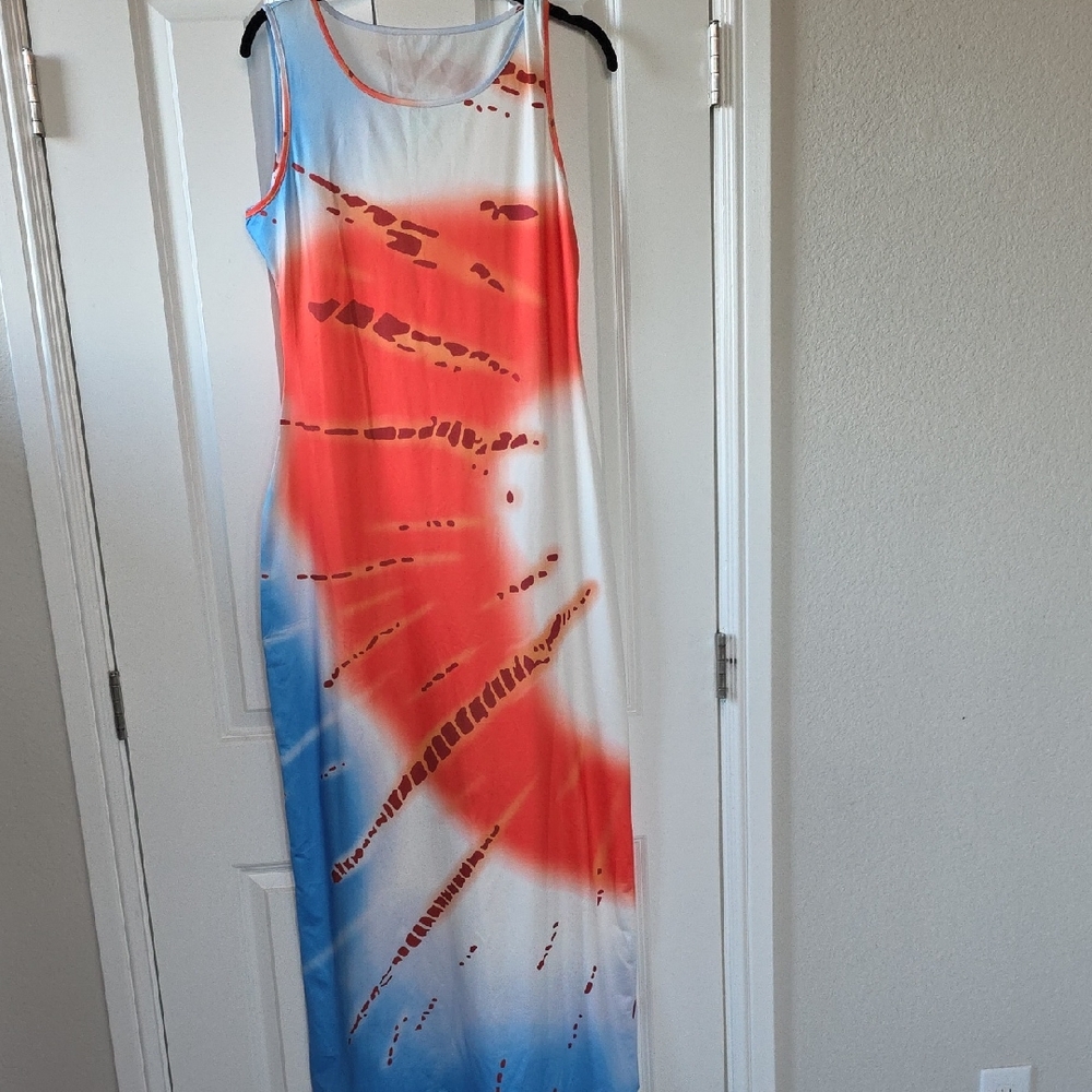 Stylish Red and Blue Tie-Dye Maxi Dress